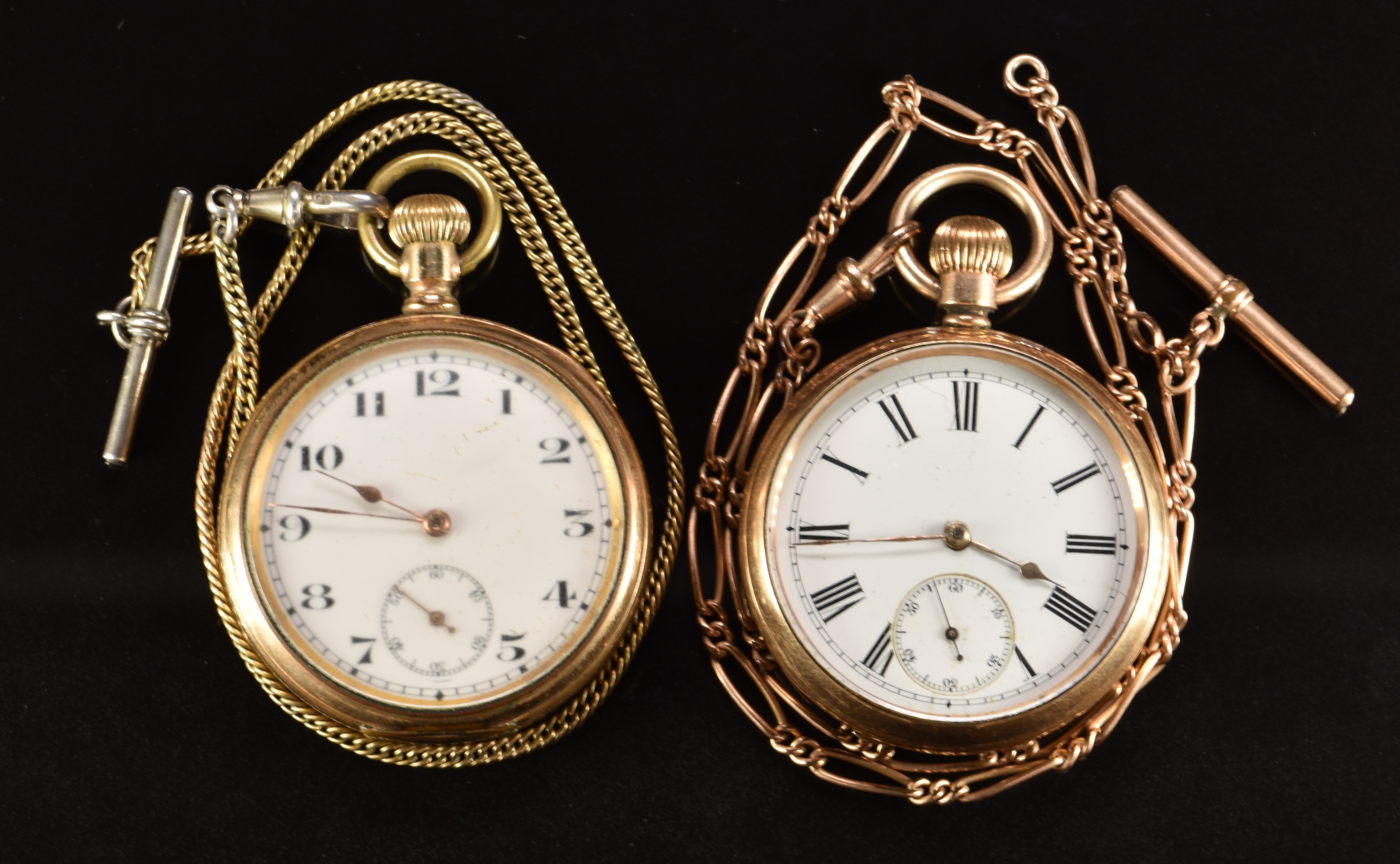 Two gold plated keyless winding open faced pocket watches, one Waltham with subsidiary seconds dial,