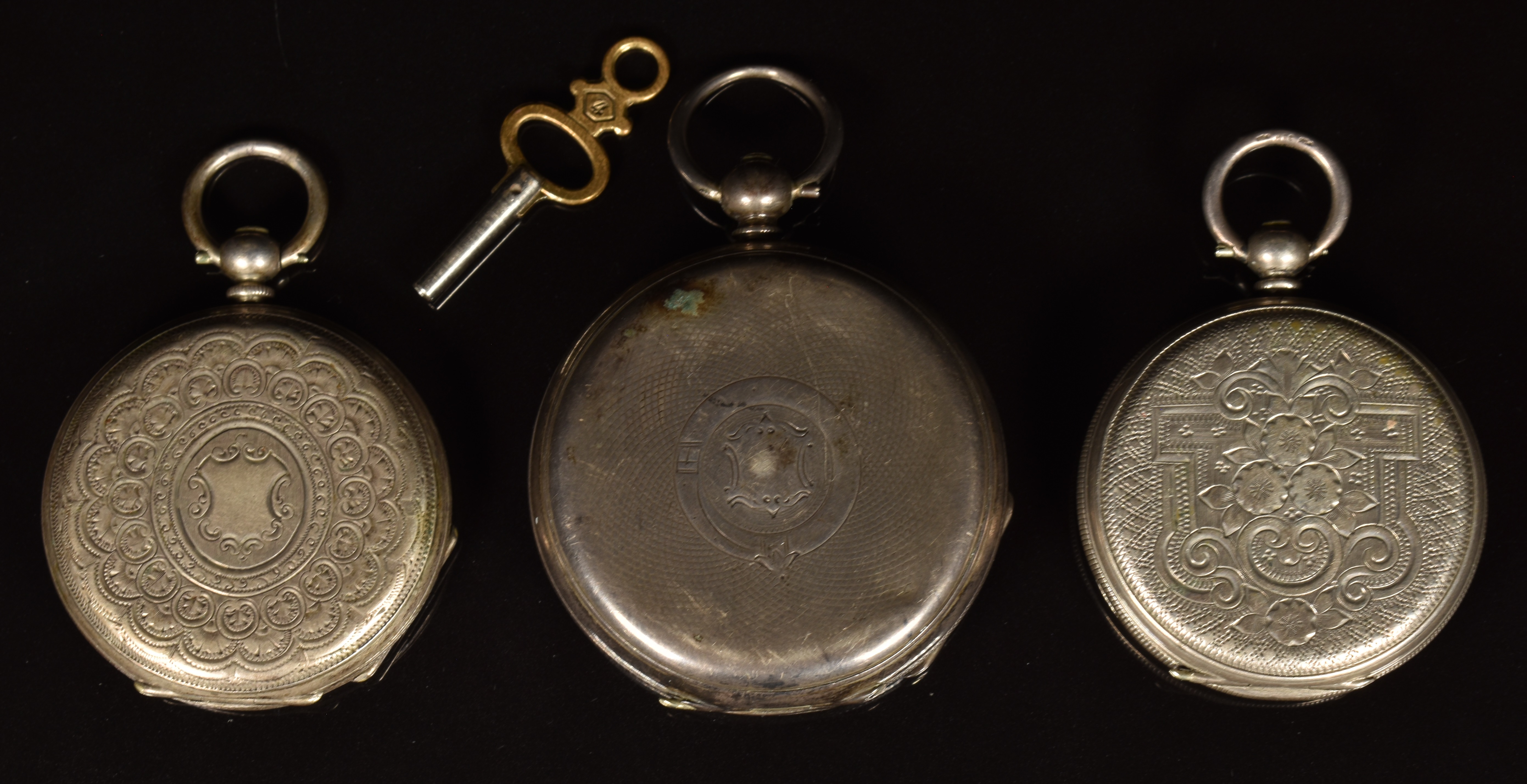Three unnamed silver open faced pocket watches each with blued hands, black Roman numerals and white - Image 2 of 2