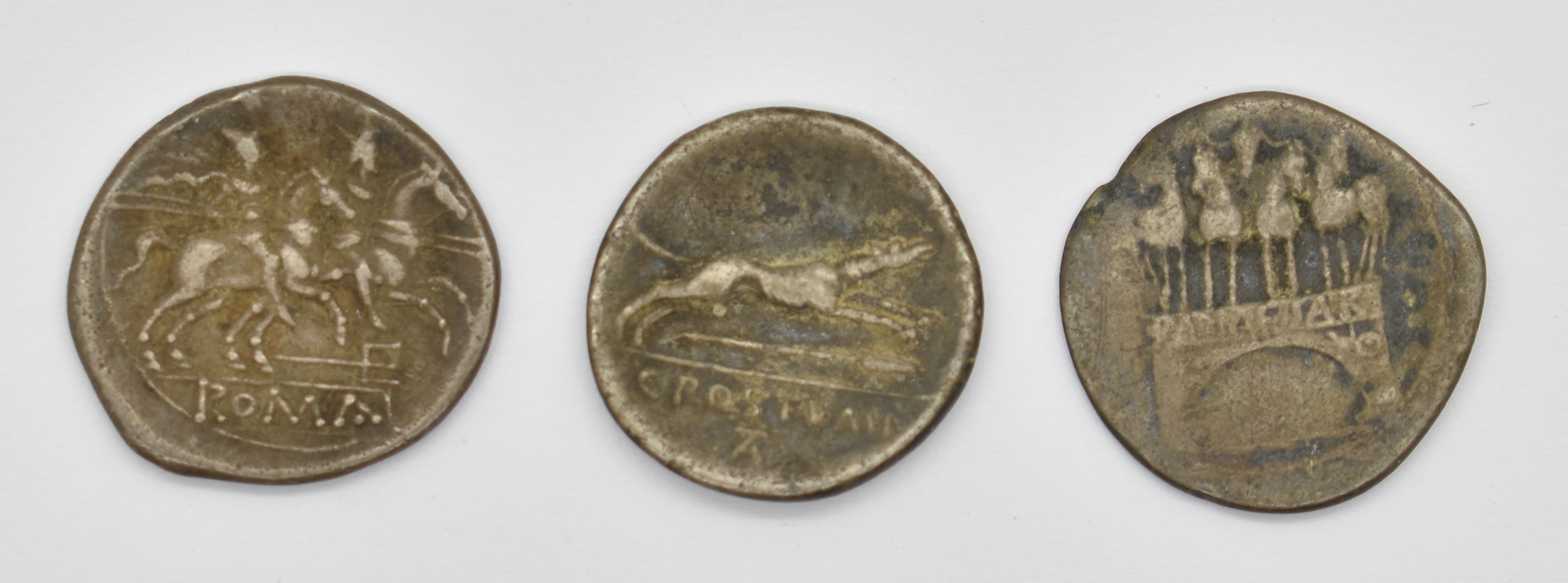 Four Roman coins comprising three silver examples in Harrods coin department envelope with hand- - Image 3 of 5