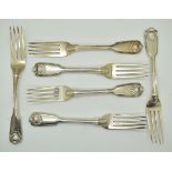 Set of six William IV or Victorian hallmarked silver Fiddle Thread and Shell pattern table forks,