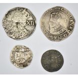 Four Charles I coins comprising a 1625 hammered sixpence, heavily clipped shilling with bust and