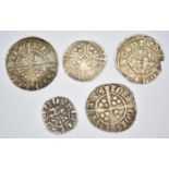 Five hammered silver coins including Edward I halfpenny and pennies, Edward II penny etc