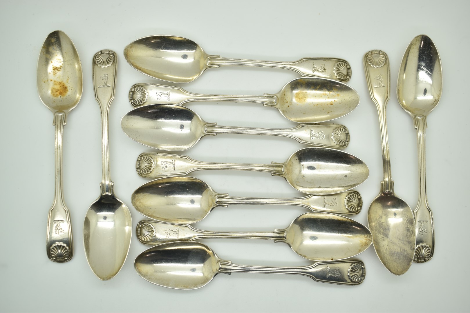 Set of 11 Victorian hallmarked silver Fiddle Thread and Shell pattern teaspoons, London 1847,