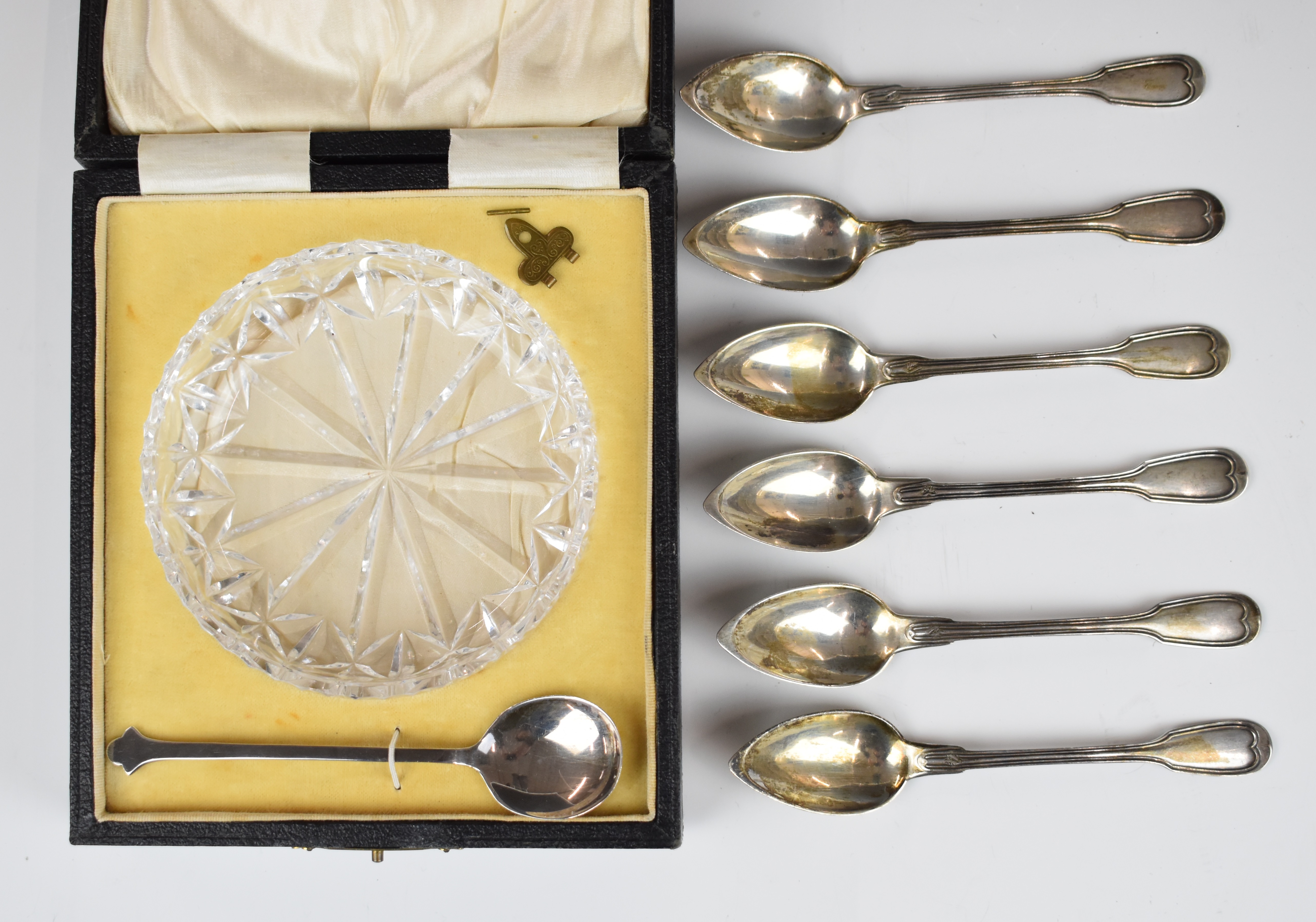 Set of six French silver spoons together with a cased cut glass bowl, diameter 11cm, with hallmarked