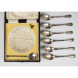 Set of six French silver spoons together with a cased cut glass bowl, diameter 11cm, with hallmarked