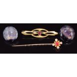 A pair of blue john earrings, 9ct gold stick pin set with a garnet and seed pearls (1g) and