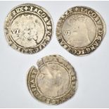 Three James I (1603-25) hammered silver sixpences comprising 1604, 1605 and 1606 examples