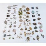 A collection of brooches including 1950's, micro mosaic, silver set with agate, filigree, dog,