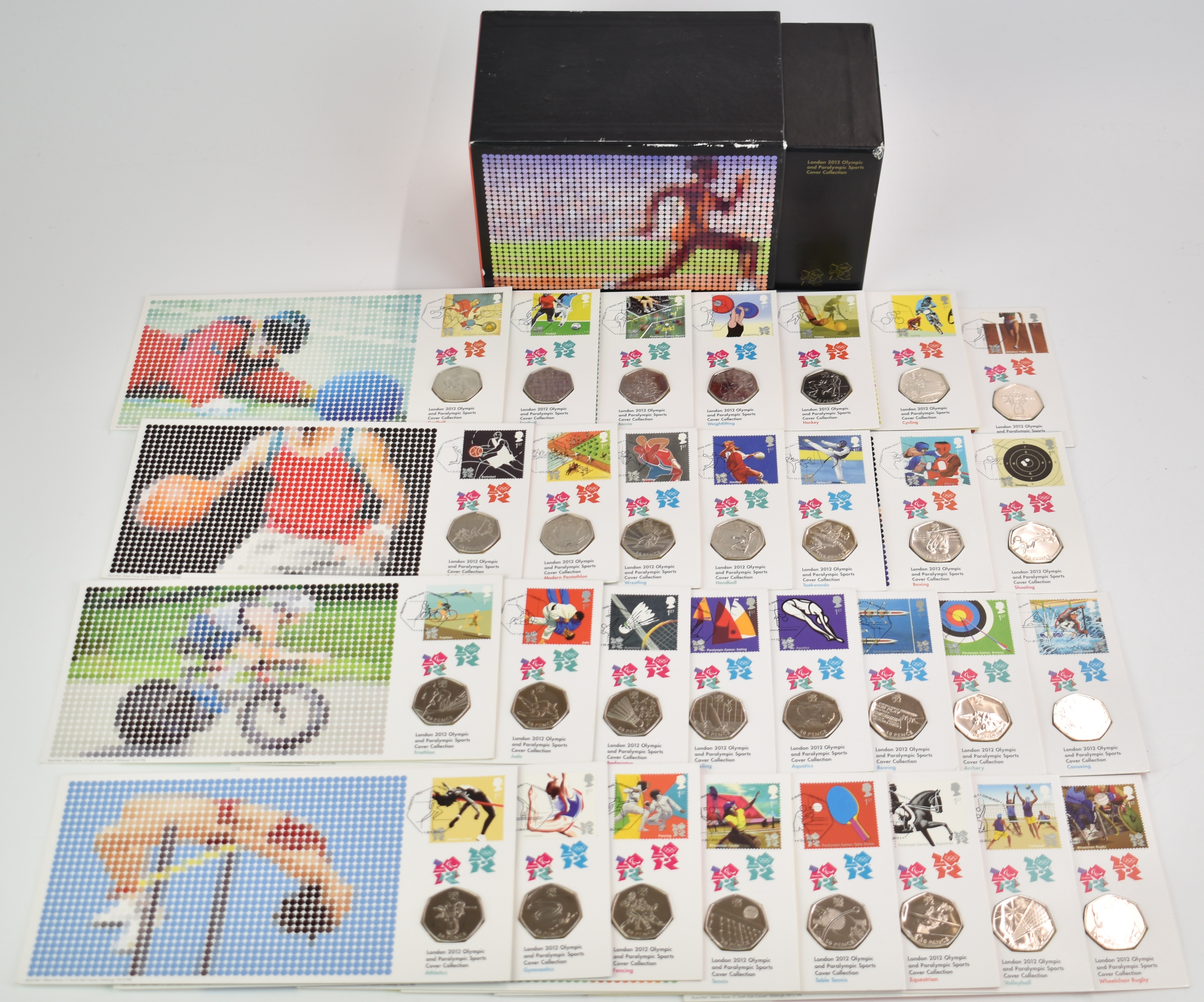 A boxed limited edition of thirty, 2012 Olympic 50p coin and stamp cover, issued by Royal Mail