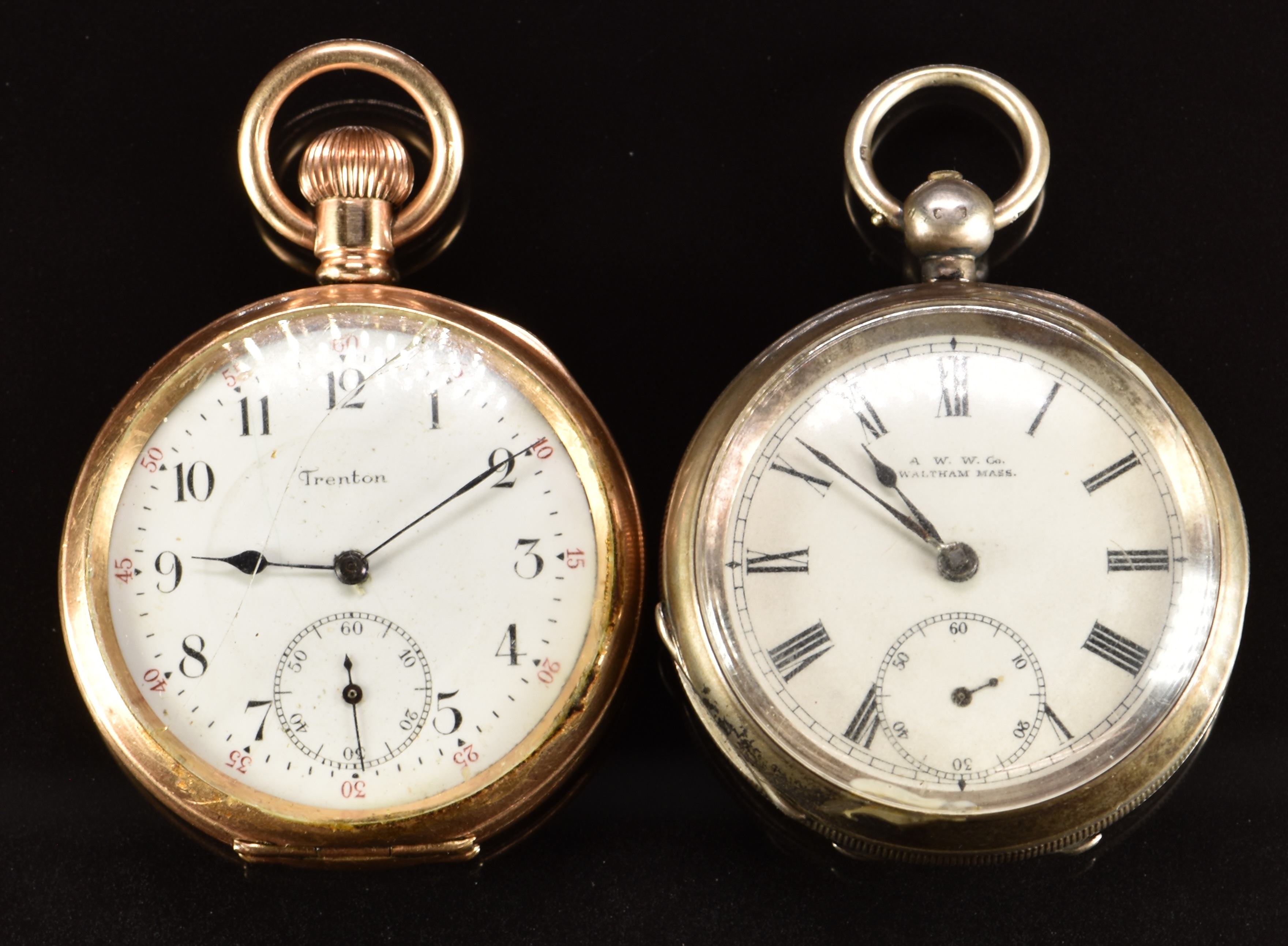 Two open faced pocket watches a Trenton gold plated keyless winding ...