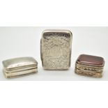 Three silver pill boxes comprising Victorian example with engraved decoration, Birmingham 1897,