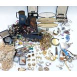 A collection of costume jewellery including watches, Japanese lacquer box, West brooch, Hollywood
