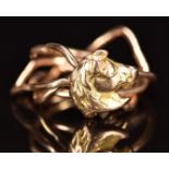 Victorian 9ct rose gold puzzle ring with horse decoration, 7.6g, size O