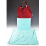 Tiffany & Co suede and red metallic leather reversible tote bag with integral lanyard and matching