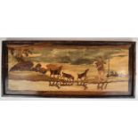 Arts & Crafts style marquetry picture of a shepherd with kid being followed by three goats, 33 x