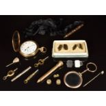 Waltham gold plated pocket watch, paste set stick pin, pocket watch keys, propelling pencils