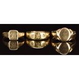 Victorian ring set with three diamonds and two 9ct gold signet rings, 7.0g, sizes J, L & Q