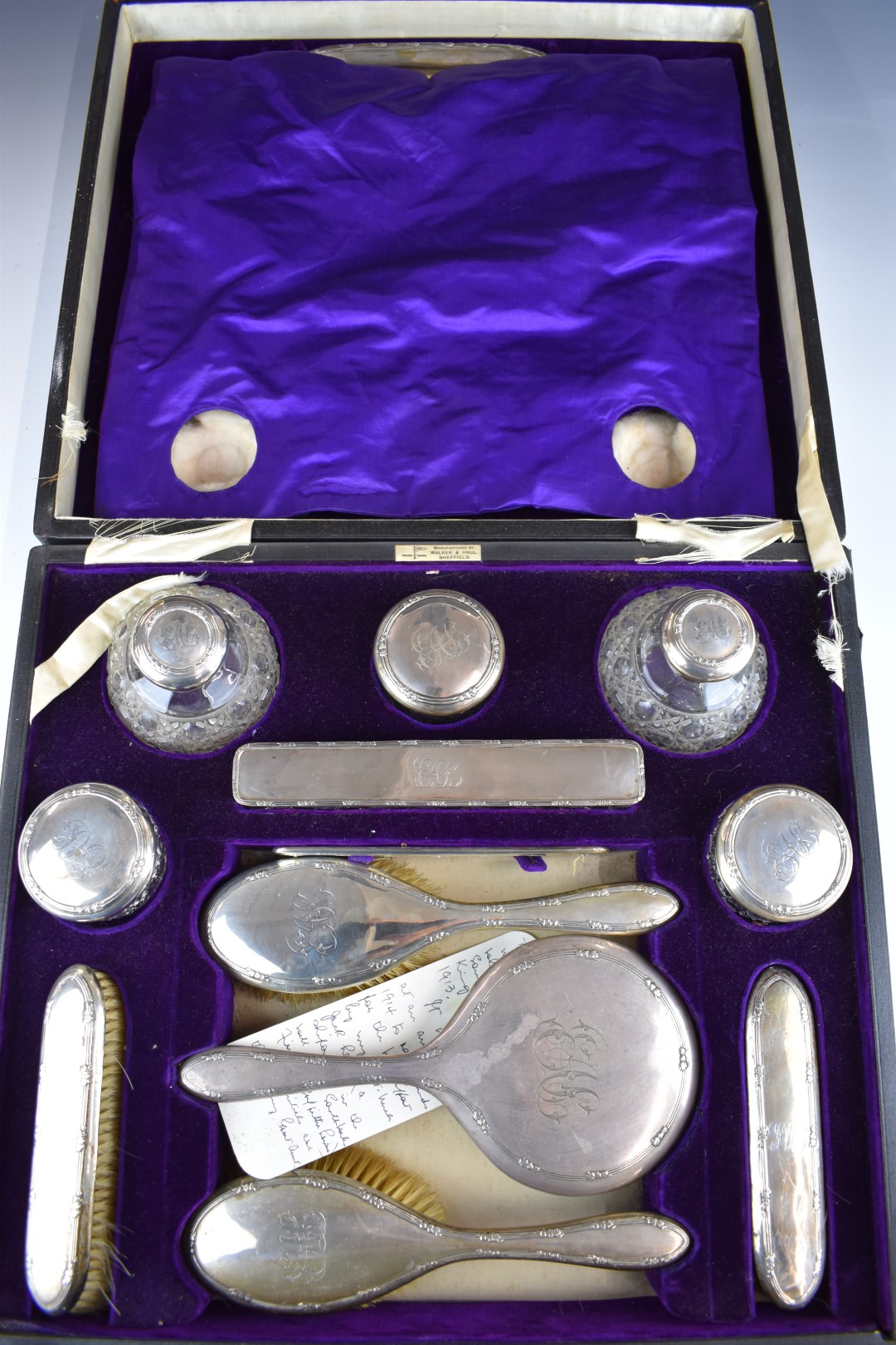 Queen Mary Royal interest Walker & Hall hallmarked silver dressing table set, in fitted case with - Image 2 of 13