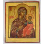 Russian painted ikon of the Madonna and Child, with receipt label verso, 31 x 26cm