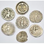 Seven Roman silver coins to include Arcadius, Antonius Pius and Septimus Severus, all around 18mm