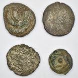 Four bronze Celtic coins ranging from 75-50 BC to 20-50 AD, includes a Potin example