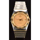 Omega Constellation gentleman's wristwatch with date aperture, luminous hands, gold dial, back Roman
