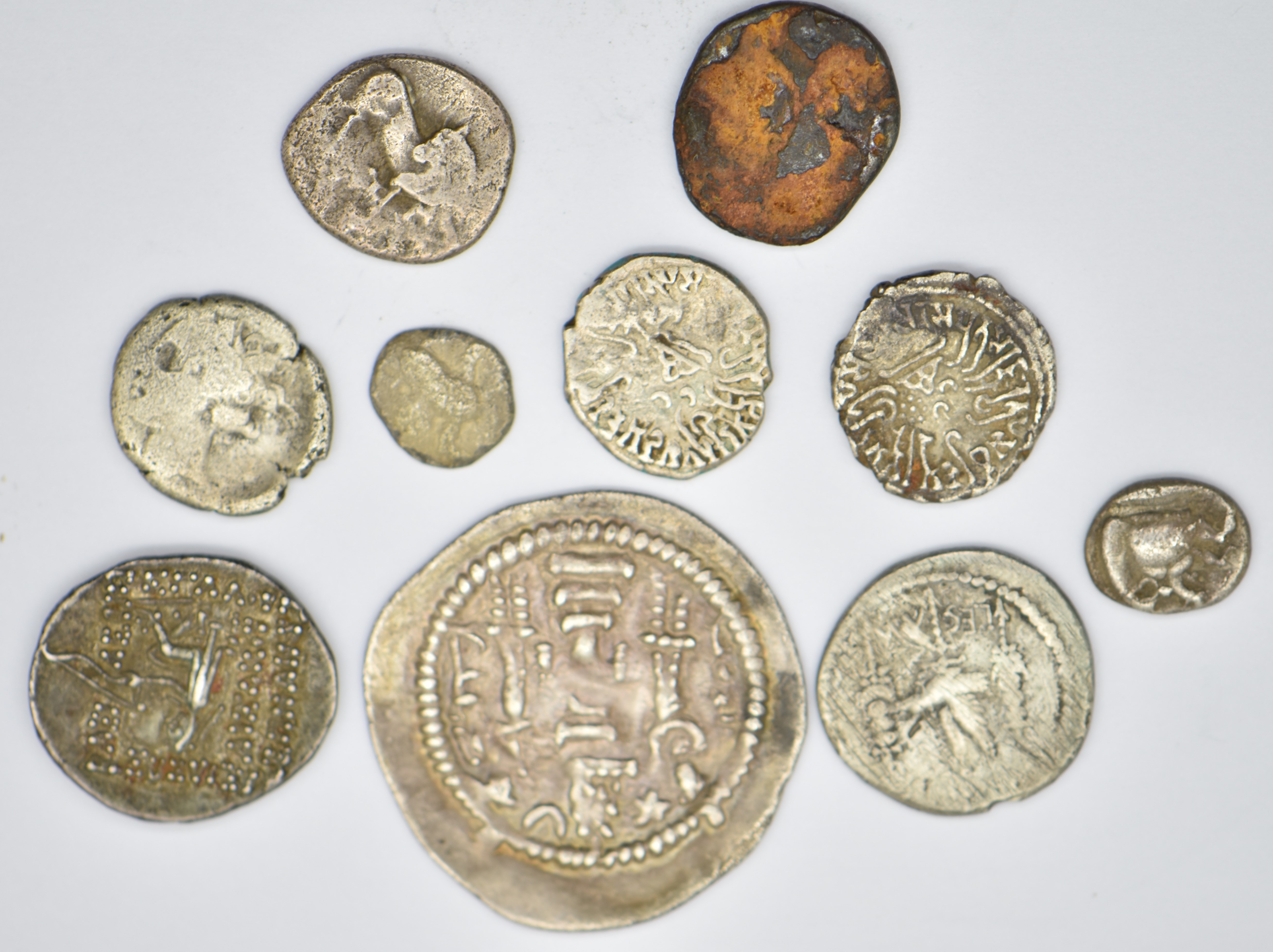 Eight ancient silver coins to include Greek Mysia Kyzikos 480-450 BC, Trimemibol Viradaman 235 - 239