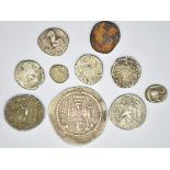 Eight ancient silver coins to include Greek Mysia Kyzikos 480-450 BC, Trimemibol Viradaman 235 - 239