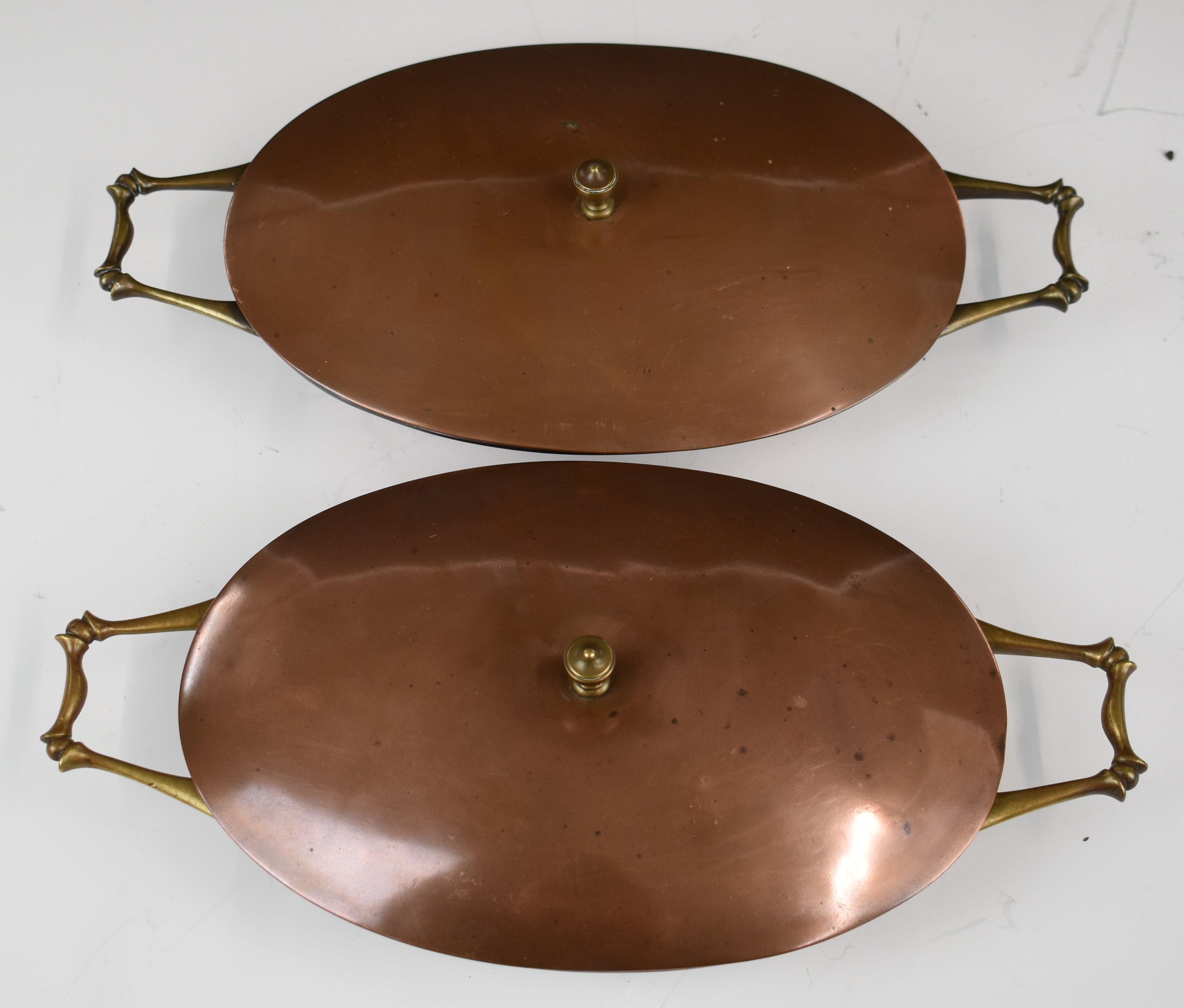 WAS Benson Arts & Crafts pair of twin handled copper and brass covered dishes, length 32cm - Image 5 of 7