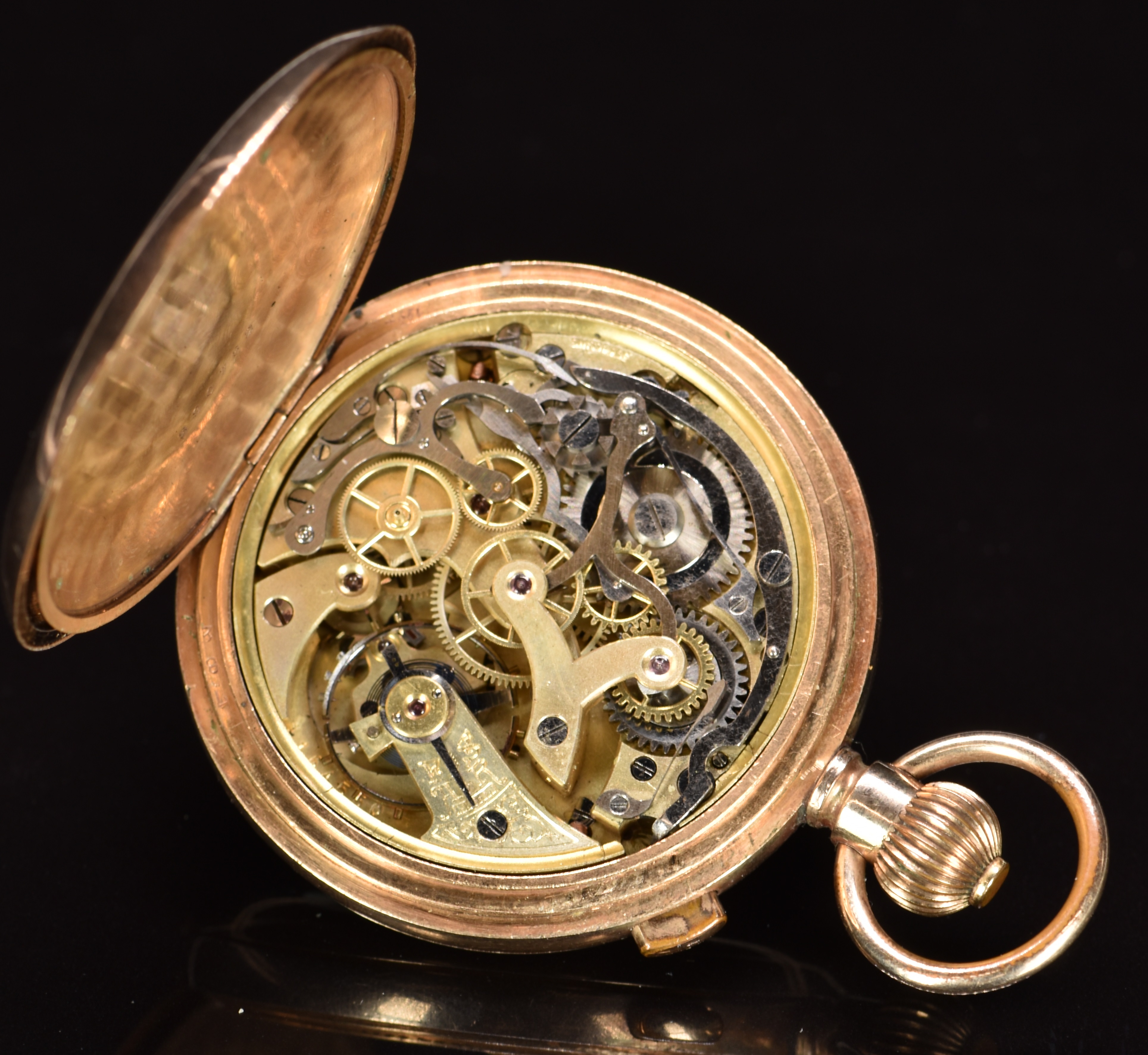 Swiss gold plated keyless winding full hunter chronograph pocket watch with subsidiary continuous - Image 4 of 4