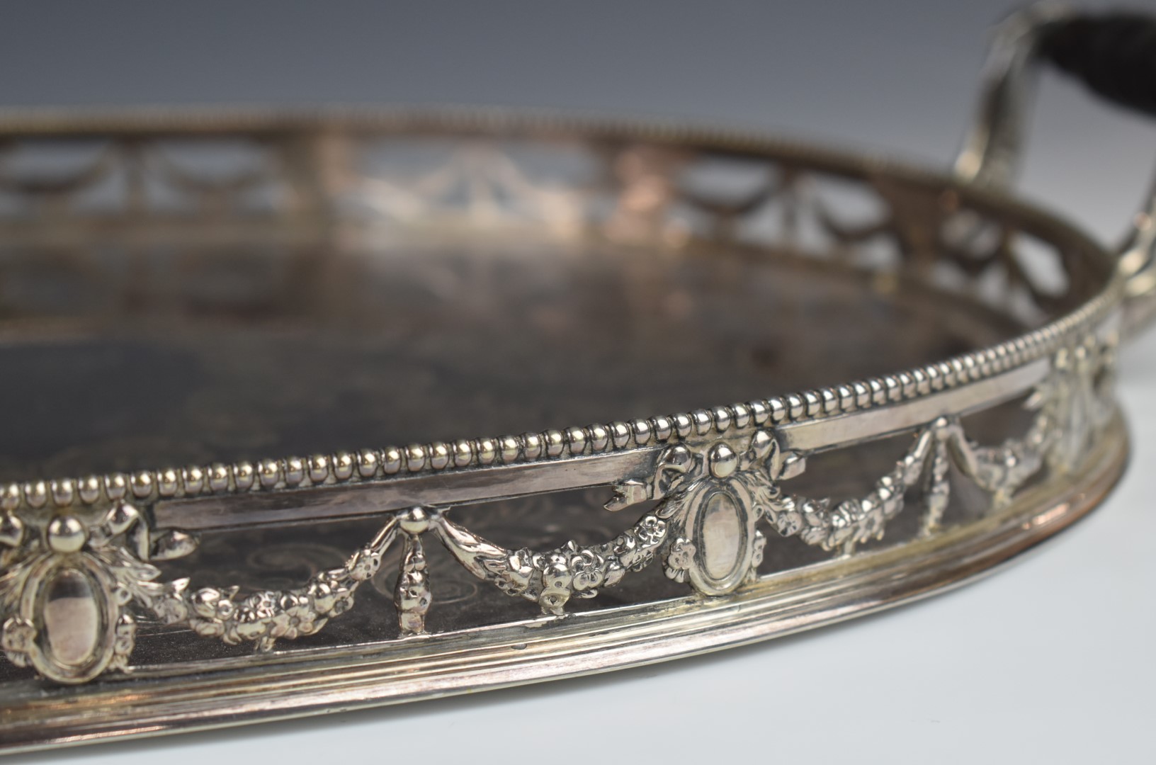 Elkington & Co. silver plated twin handled galleried tray with foliate swag decoration, length 69cm - Image 3 of 6