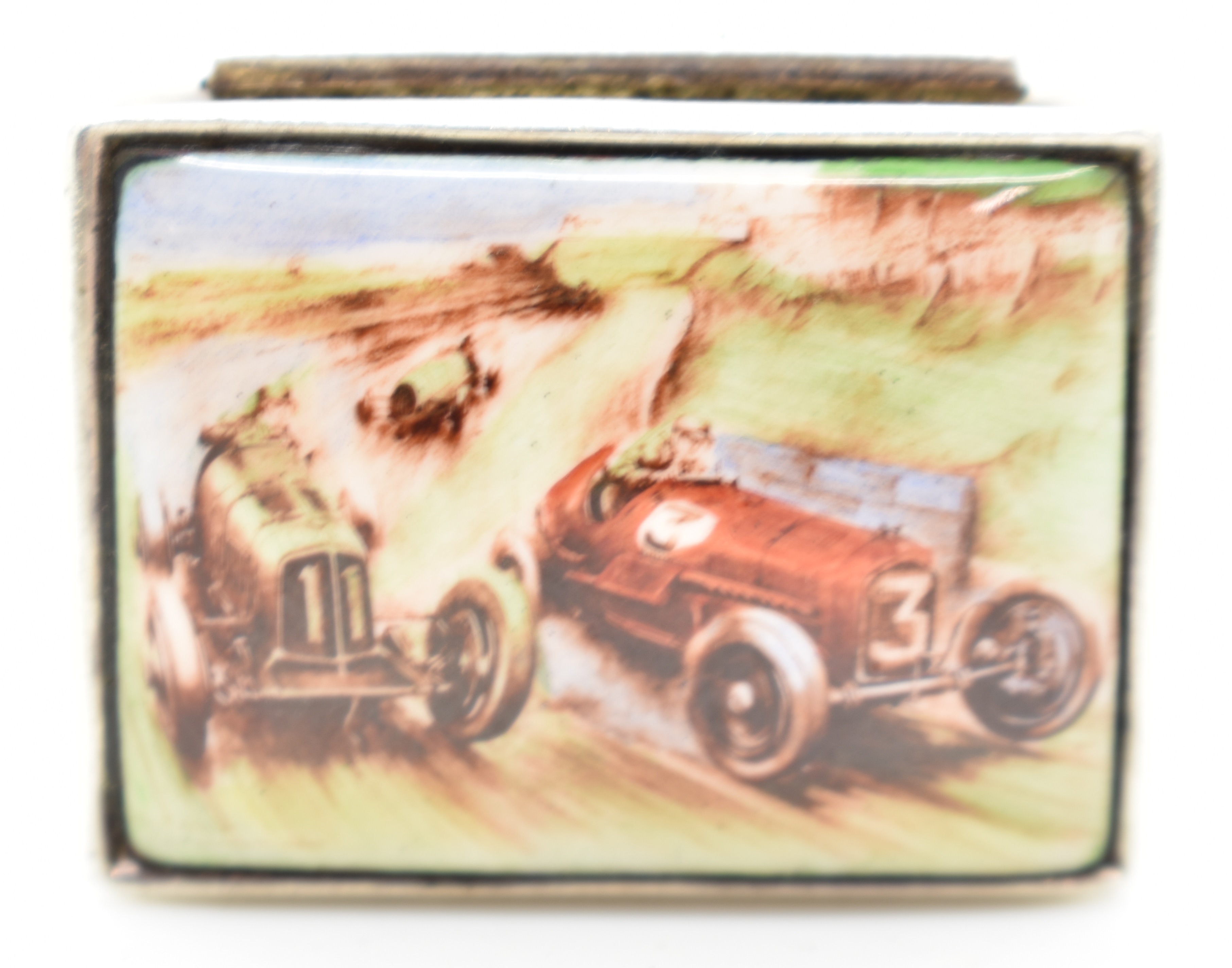 Hallmarked silver pill box with enamel decoration of a vintage motor car race to lid, London 2001, - Image 2 of 4