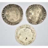 Three James I (1603-25) hammered silver sixpences comprising 1603, 1604 and 1606 examples