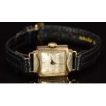 Technos 9ct gold ladies wristwatch with blued hands, Arabic numerals, silver dial and 15 jewel