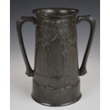 David Veasey for Liberty Tudric pewter twin handled loving cup vase, shape number 010, height 20cm