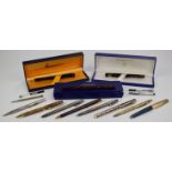 Twelve fountain pens, pencils etc, including Parker 51, Waterman with 18k gold nib, vintage Waterman