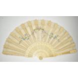 19thC hand decorated satin fan with carved bone sticks, width when open 45cm, with letter of