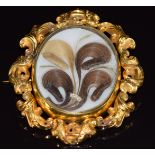 Victorian yellow metal swivel brooch set with a photograph, verso hair and seed pearls, 44.6g