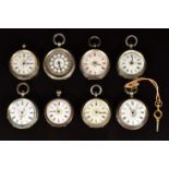 Eight silver open faced pocket watches including John Cole of Weymouth, each with engraved case