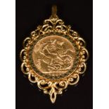 A 1908 gold full sovereign in 9ct gold pendant mount, 13.1g