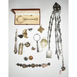 19thC bronze seal, steel housekeeper's chatelaine, Man in the Moon vesta, enamelled Victorian coins,