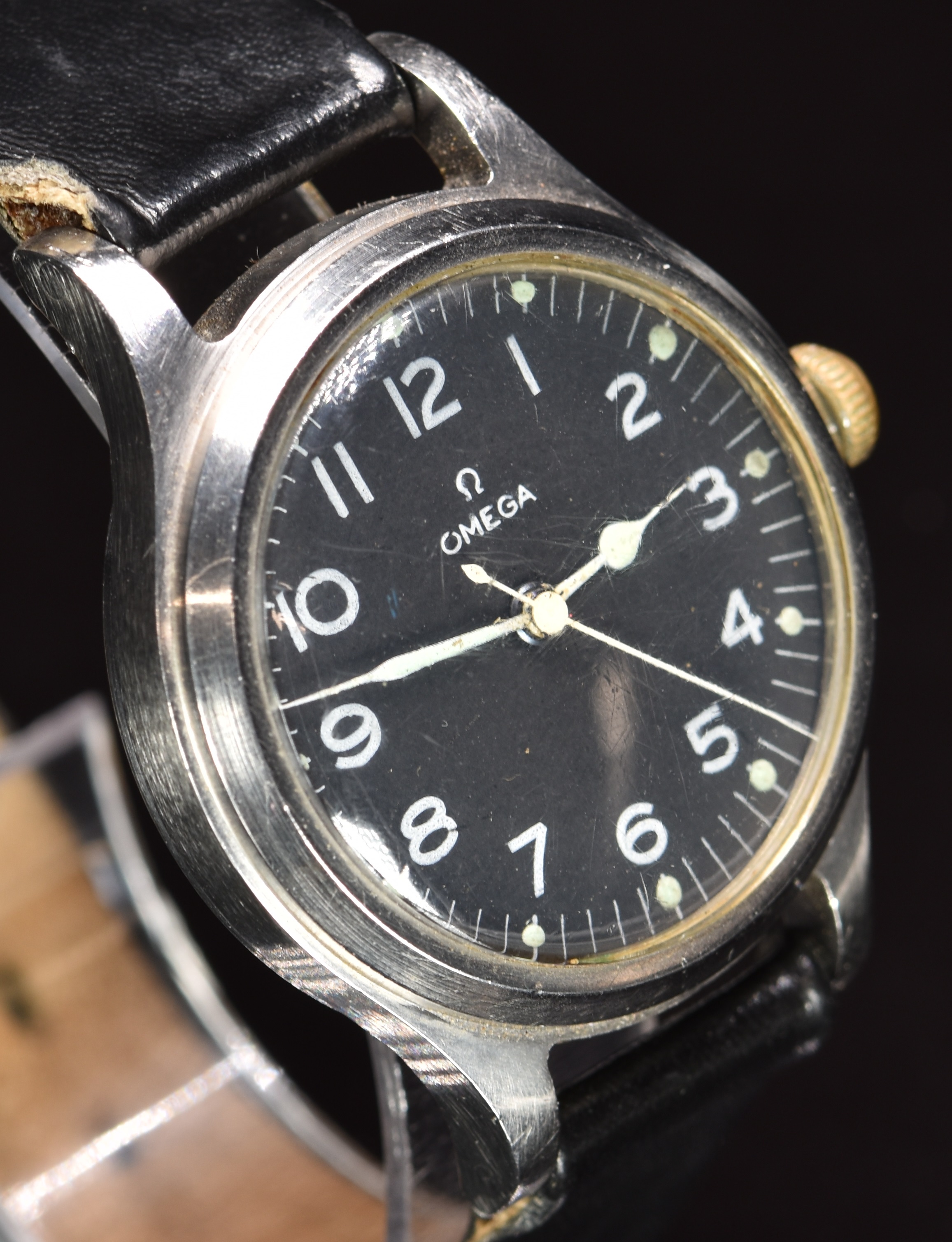 Omega British military issue wristwatch with luminous hands, white Arabic numerals, black dial, - Image 3 of 6
