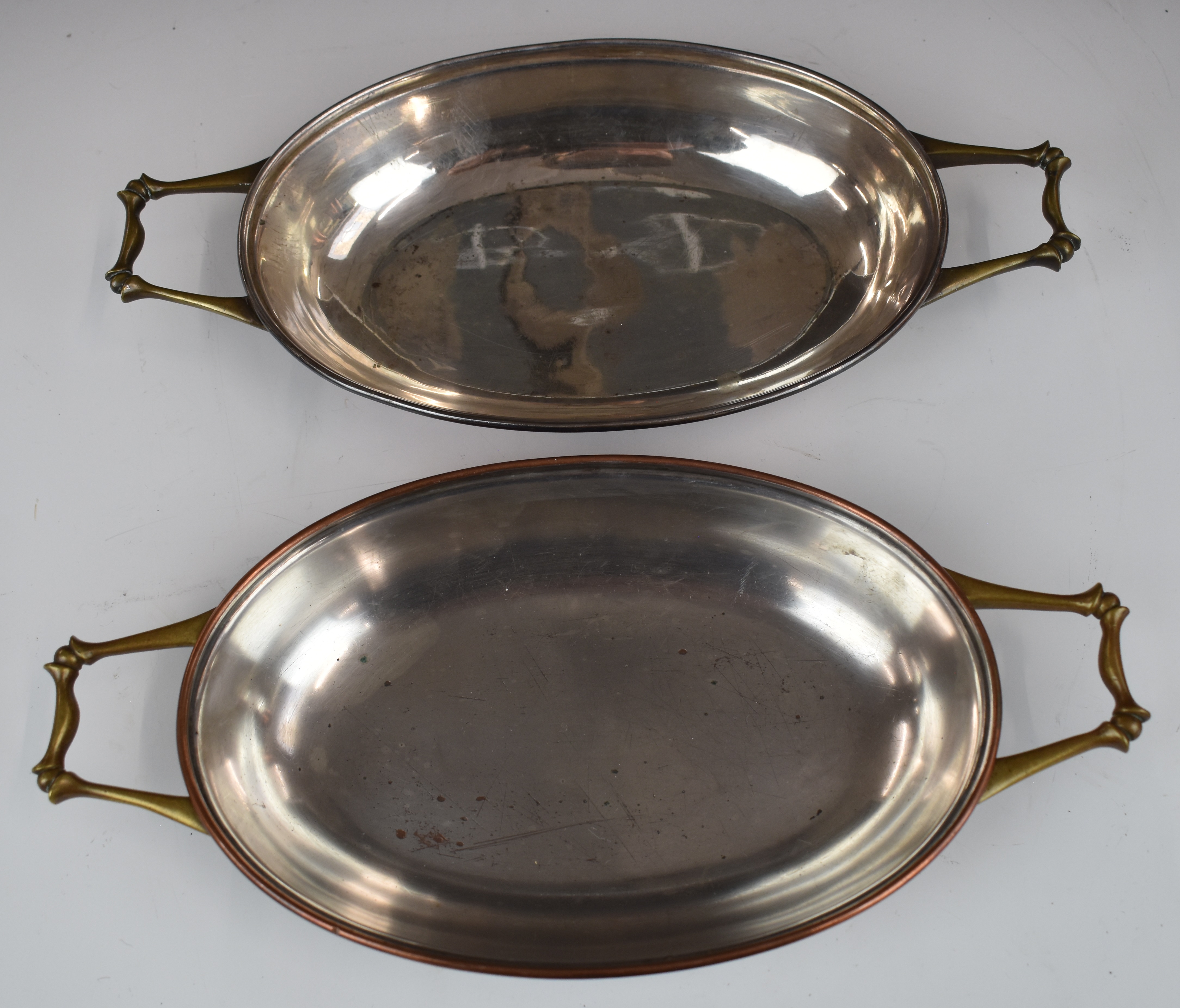 WAS Benson Arts & Crafts pair of twin handled copper and brass covered dishes, length 32cm - Image 2 of 7