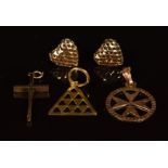 A collection of 9ct gold jewellery including a pair of heart earrings, a cross, a Maltese cross