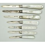 Seven Victorian and later hallmarked silver bladed mother of pearl folding fruit knives, length of