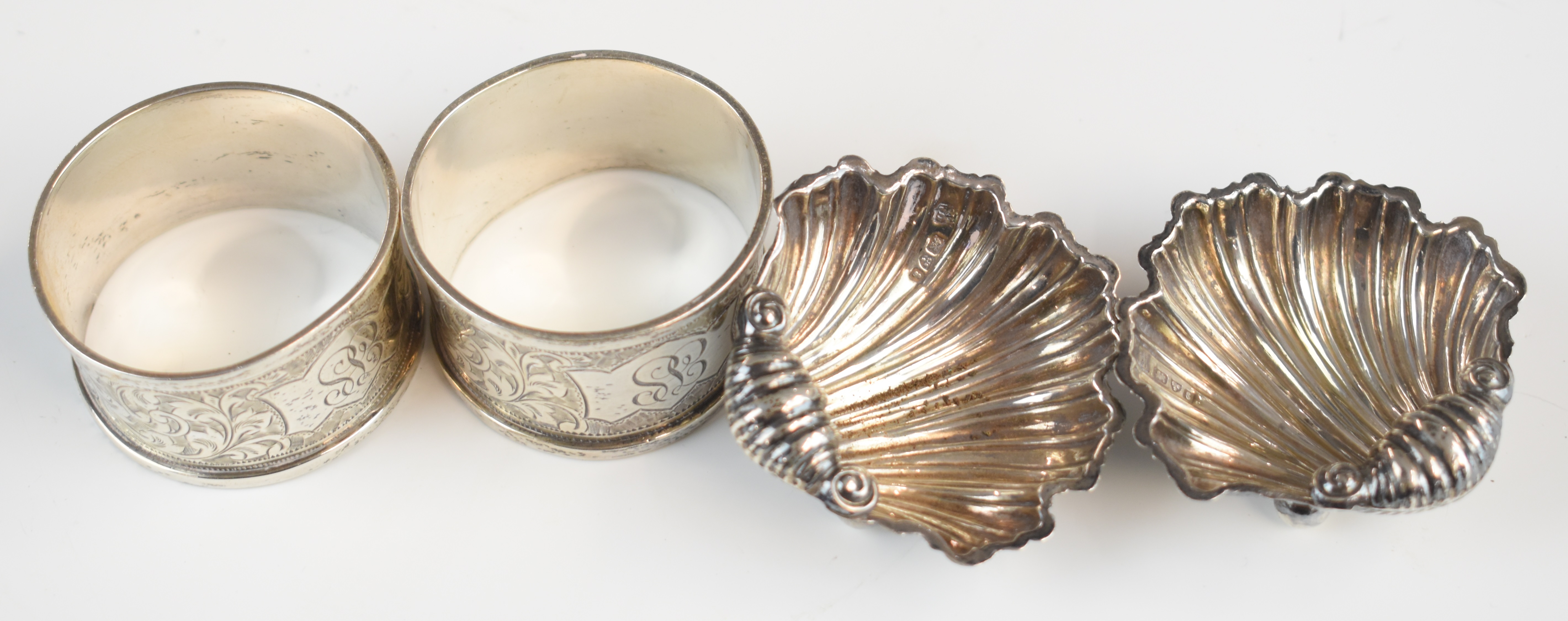 Hallmarked silver items to include pair of shell shaped salts and a pair of napkin rings, weight - Image 6 of 8