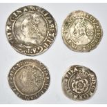 Two Elizabeth I hammered silver threepences 1566 and 1587, together with a groat and half groat of
