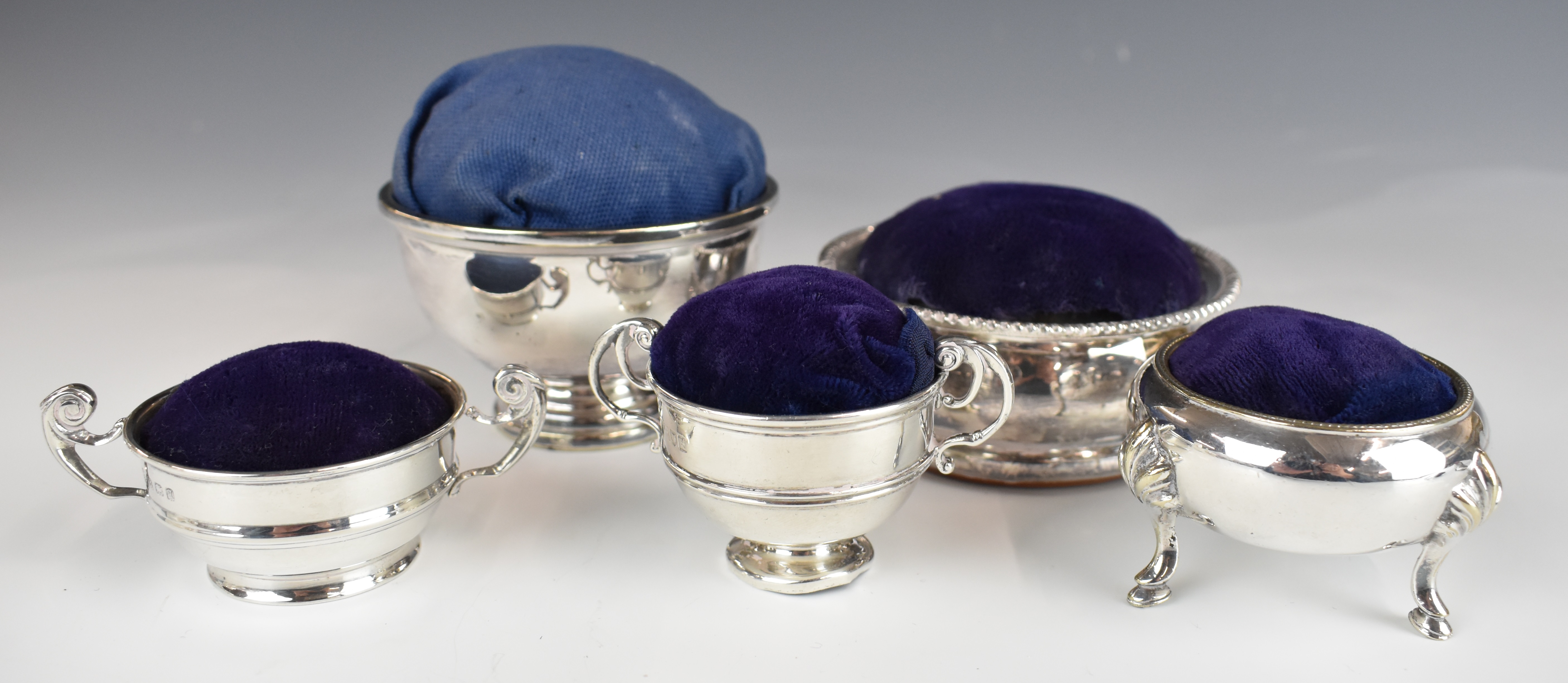 Eight various pin cushions, two using hallmarked silver twin handled cups, one with cut steel beaded - Image 4 of 5