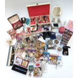 A collection of jewellery including vintage brooches, vintage earrings, beads, necklaces, etc