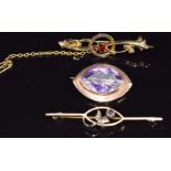 Edwardian 9ct gold brooch set with a marquise cut amethyst (4.3g) and two other 9ct gold Edwardian